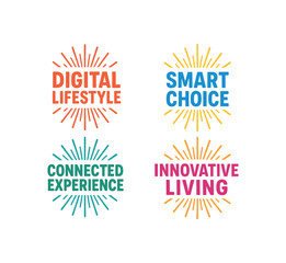 Obraz premium Digital lifestyle smart choice connected experience innovative living colorful starburst label set. Technology lifestyle badges. Flat vector illustration.