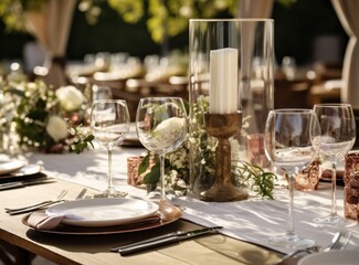 Elegant outdoor wedding reception table setting with candles, flowers, and glassware, creating a romantic ambiance.