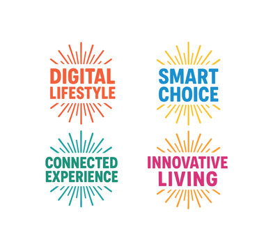 Digital lifestyle smart choice connected experience innovative living colorful starburst label set. Technology lifestyle badges. Flat vector illustration.