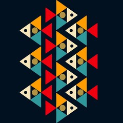 American  ethnic tribal geometric pattern accented with elegant fish motifs, creating and nature. The yellow, red, and blue tones stand out vividly ethnic the dark background, g classic yet ethnic . 