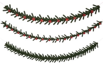 Three festive pine garlands, two adorned with red stars and baubles, one plain, perfect for Christmas or holiday decoration elements. background removed