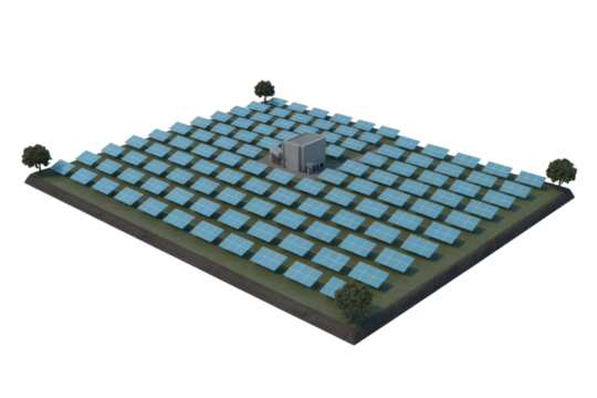 An aerial view of a solar farm with rows of blue photovoltaic panels and a central facility, generating clean, renewable energy. background removed