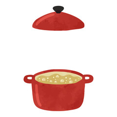 赤い鍋と沸騰したお湯　水彩風手描きベクターイラスト