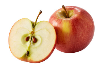 A vibrant red apple stands beside a perfectly halved one, revealing its core and seeds, set against a rich transparent background. background removed