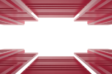 Abstract pink/red stepped platforms frame a central green space, creating a dynamic architectural or display-like boundary for product presentations. background removed