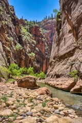 Zion Narrows. Virgin River canyons in Zion National Park in the US state of Utah. A breathtaking spot in the canyon with towering rock walls all around. Road trip in the USA. High quality photo