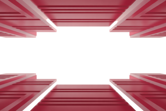 Abstract pink/red stepped platforms frame a central green space, creating a dynamic architectural or display-like boundary for product presentations. background removed