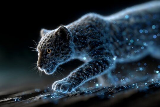 Digital Jaguar prowling with ethereal blue light particles in dark, mystical setting