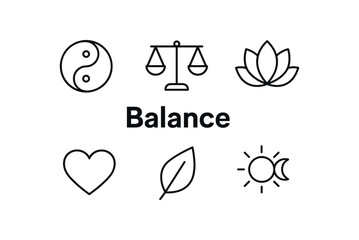 Fototapeta premium Balance icon set with yin yang, scales, lotus, heart, leaf and sun symbols. Wellness harmony concept. Line vector illustration.
