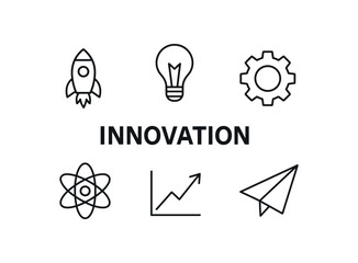 outline vector icon 6 isolated on white background minimal black monochrome style flat vector icon illustration central bold title text Innovation surrounding icons: rocket light bulb gear