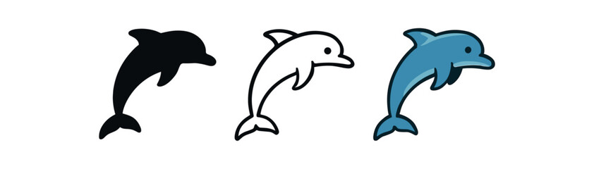 dolphin jumping fin icon on white background Black silhouette flat icon outline icon and colored icon style. three minimal vector icon style
