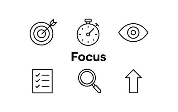 outline vector icon 6 isolated on white background minimal black monochrome style flat vector icon illustration central bold title text Focus surrounding icons: arrow stopwatch eye