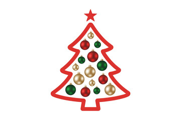 A festive Christmas tree outline in red, adorned with shiny red, green, and gold ornaments, topped by a star, on a dark transparent background. background removed
