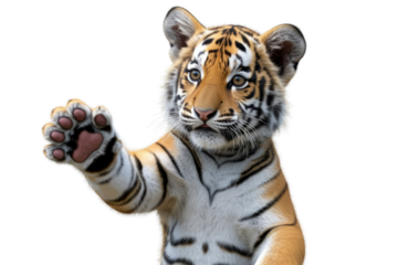 A charming tiger cub with bright eyes and classic stripes raises its soft paw, appearing playful and adorable against a green backdrop. background removed