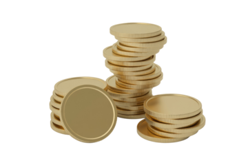 Three distinct stacks of shiny golden coins, representing wealth, savings, and financial growth, neatly arranged against a solid transparent background. background removed