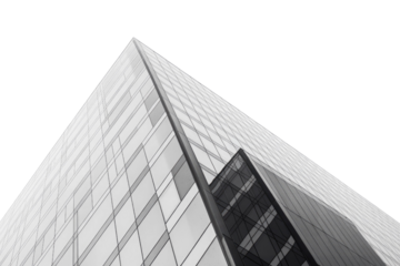 Modern glass skyscraper facade against a solid transparent background, showcasing abstract architecture, sharp angles, and geometric patterns from a low-angle perspective. background removed
