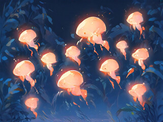 Floating Jellyfish Forest - A landscape of luminous jellyfish floating in the sky