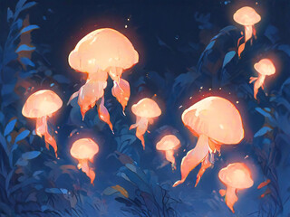 Floating Jellyfish Forest - A landscape of luminous jellyfish floating in the sky