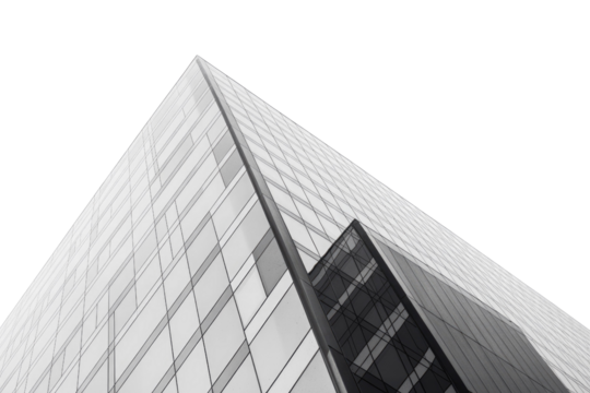 Modern glass skyscraper facade against a solid transparent background, showcasing abstract architecture, sharp angles, and geometric patterns from a low-angle perspective. background removed