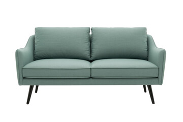 Fototapeta premium A stylish, modern two-seater sofa in soft teal fabric, featuring clean lines and slender black legs, isolated on a transparent background. background removed