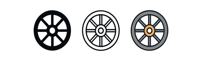 Obraz premium wheel turning spoke icon on white background Black silhouette flat icon outline icon and colored icon style. three minimal vector icon style