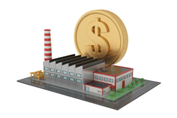 A miniature factory complex with a red and white chimney stands before a giant golden dollar coin, symbolizing industrial investment and economic success. background removed