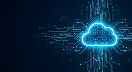 Cloud Computing Icon &ndash; Digital Data Network on Futuristic Circuit Board, Copy Space Left
