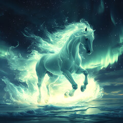 Naklejka premium Ethereal glowing horse gallops over an icy surface under a starry sky with aurora.