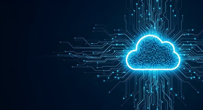 Cloud Computing Icon &ndash; Digital Data Network on Futuristic Circuit Board, Copy Space Left