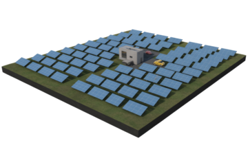 An isometric view of a large solar power plant featuring numerous panels, a central building, and electric vehicles on a green landscape. background removed