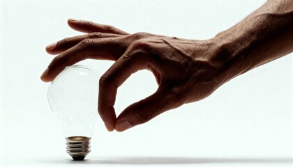 A close-up studio shot features a light bulb being held by a hand agai