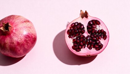 A studio shot of a whole pomegranate and a halved pomegranate on a pin