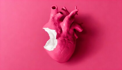 A studio shot features a pink anatomical heart with a bite taken out o