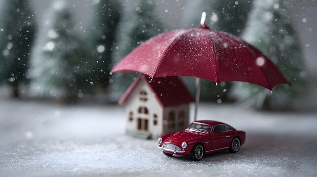 Miniature house and car protected by a red umbrella in a snowy winter setting symbolizing protection and insurance