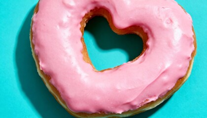 A heart-shaped donut with pink frosting on a blue background