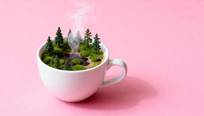 A conceptual still life features a white ceramic coffee cup filled wit