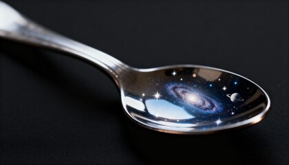 A macro shot of a silver spoon on a black background the spoon's bowl