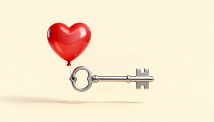 A digital render features a silver key being lifted by a red heart-sha