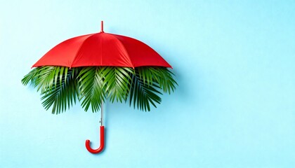 A vibrant conceptual still life features a red umbrella with green pa
