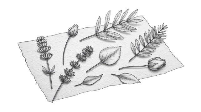 A collection of delicate botanical sketches, including lavender, various leaves, and flower buds, rendered in monochrome on a textured white surface. background removed