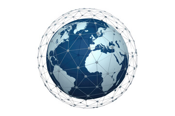 A 3D rendering of Earth globe enveloped by a digital network mesh, symbolizing global connection, communication, and technological integration. background removed