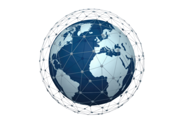 A 3D rendering of Earth globe enveloped by a digital network mesh, symbolizing global connection, communication, and technological integration. background removed
