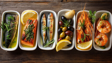Diverse italian seafood feast overhead view seven different fish species arranged in trays