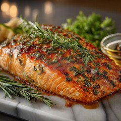 Premium atlantic salmon fillet seasoned with herbs and spices overhead shot delicious seafood meal