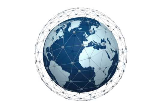 A 3D rendering of Earth globe enveloped by a digital network mesh, symbolizing global connection, communication, and technological integration. background removed