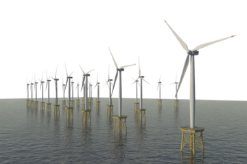 A large offshore wind farm features numerous white turbines with yellow foundations standing in the water, generating clean energy. background removed