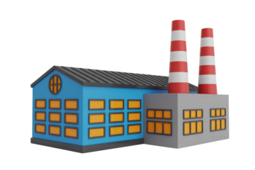 Vibrant 3D cartoon factory building with blue walls, dark roof, two red-white striped smokestacks, and glowing yellow windows. Industrial design. background removed