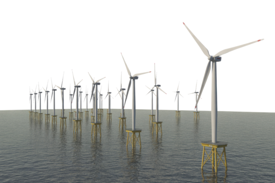 A large offshore wind farm features numerous white turbines with yellow foundations standing in the water, generating clean energy. background removed - Powered by Adobe