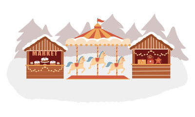 Winter amusement park, Christmas market, winter scene. Christmas fair, carousel with horses, market stalls, fair tents. Hand-drawn flat illustration. Composition with a winter landscape isolated on a © Anastasiia