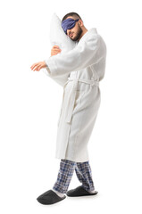 Male sleepwalker with pillow on white background